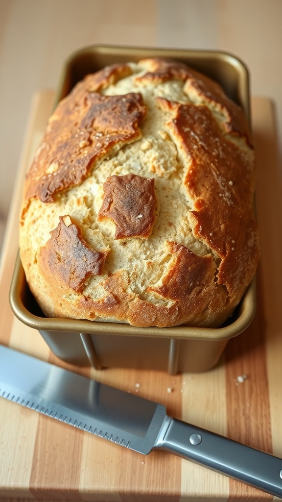 Easy Sourdough Bread in a Loaf Pan A golden-brown sourdough loaf in a pan, ready to be sliced on a wooden board.